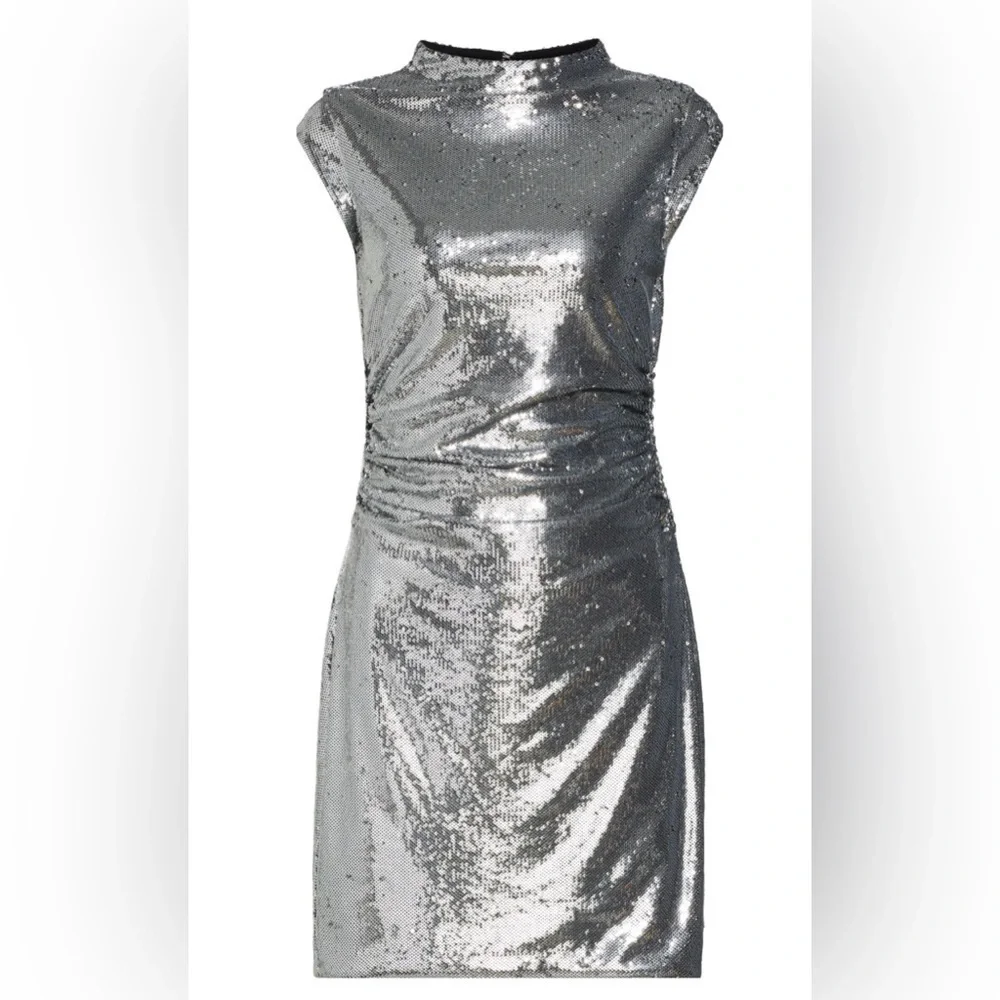 MICHAEL KORS Sleeveless Mock Neck Silver Ruched Silver Sequin Mini Dress Size XS